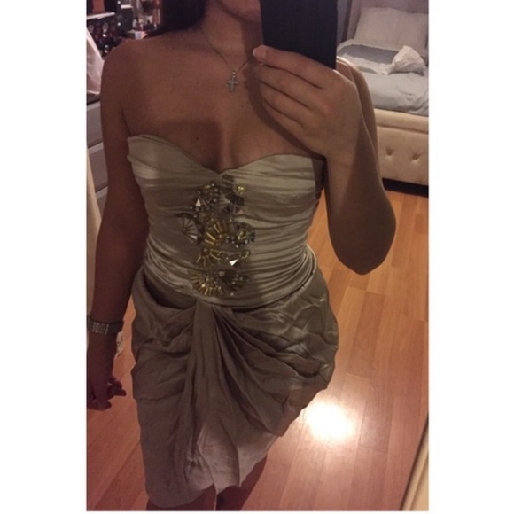 Bebe Silk Champagne Beaded Sequin Embellished Corset Tulip Cocktail Party Dress - Picture 7 of 11